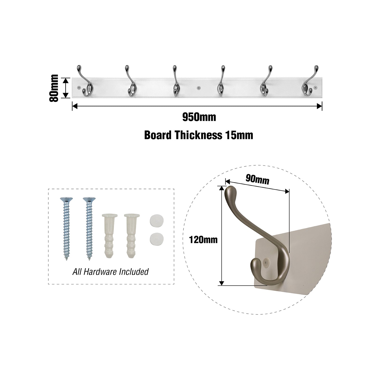 Adoored 6 Hook White Board Deco Hook Rack MDF - Satin Chrome