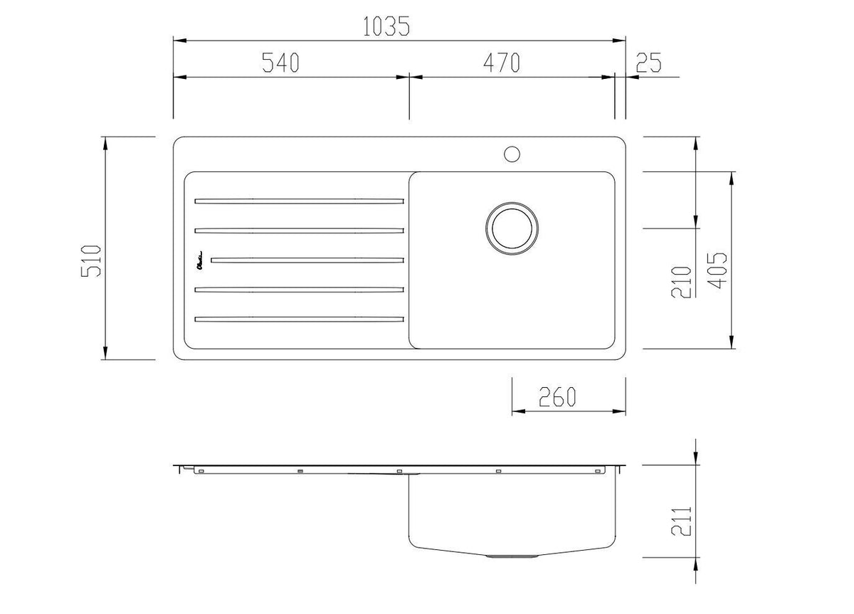 Oliveri Sonetto single bowl topmount sink with left-hand drainer - brushed 304 stainless steel - SN1022