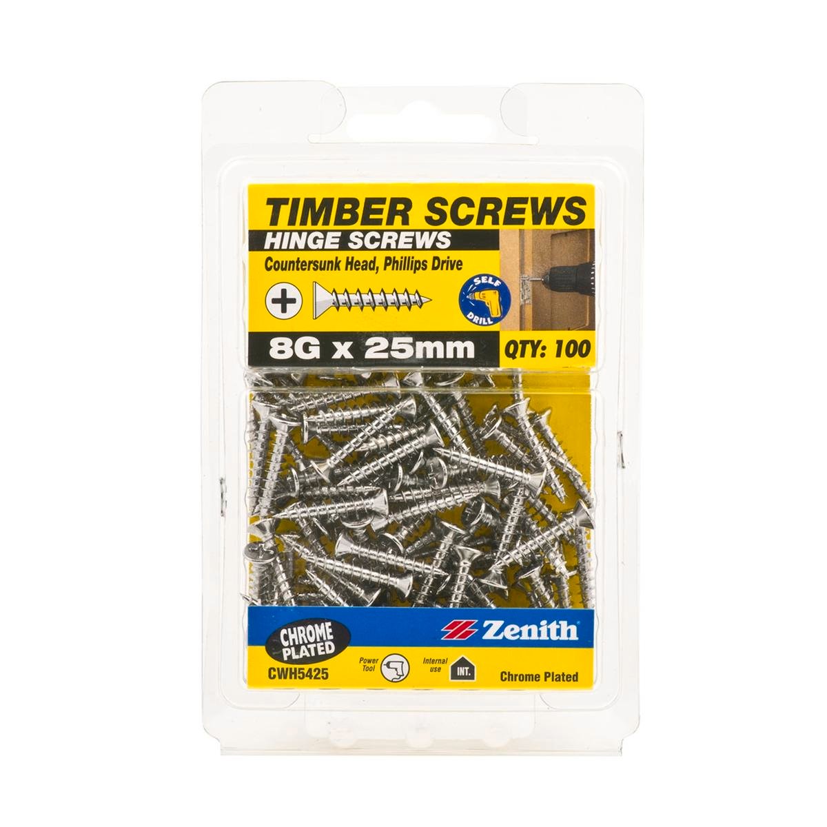Zenith 8G x 25mm Chrome Plated Countersunk Head Timber Screws 100 Pack - SuperSaverAU - view 1