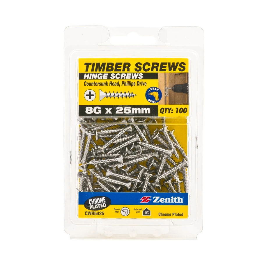 Zenith 8G x 25mm Chrome Plated Countersunk Head Timber Screws 100 Pack - SuperSaverAU - view 1
