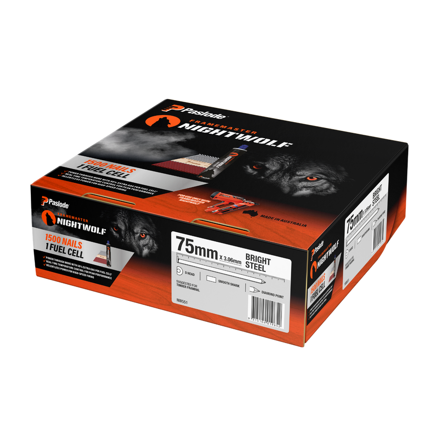 Paslode Nightwolf D Head Smooth Nail 1500 Pack - 75 x 3.06mm - Bright Steel - Reduced Jams - SuperSaverAU - view 1