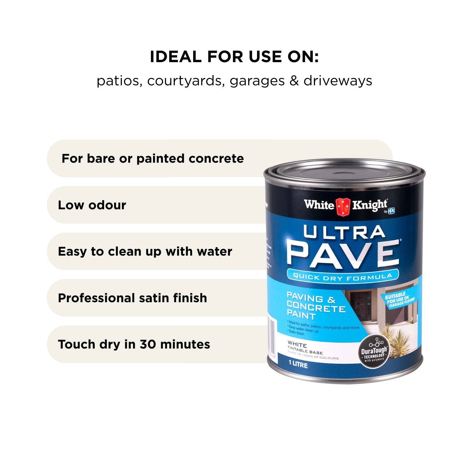 White Knight Ultra Pave 1L White Quick Dry Paving & Concrete Paint - Water Based, Recoat 2hrs