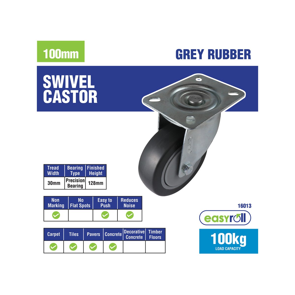 Easyroll Castor - 100mm - Grey Rubber - Heavy Duty Swivel - SuperSaverAU - view 3
