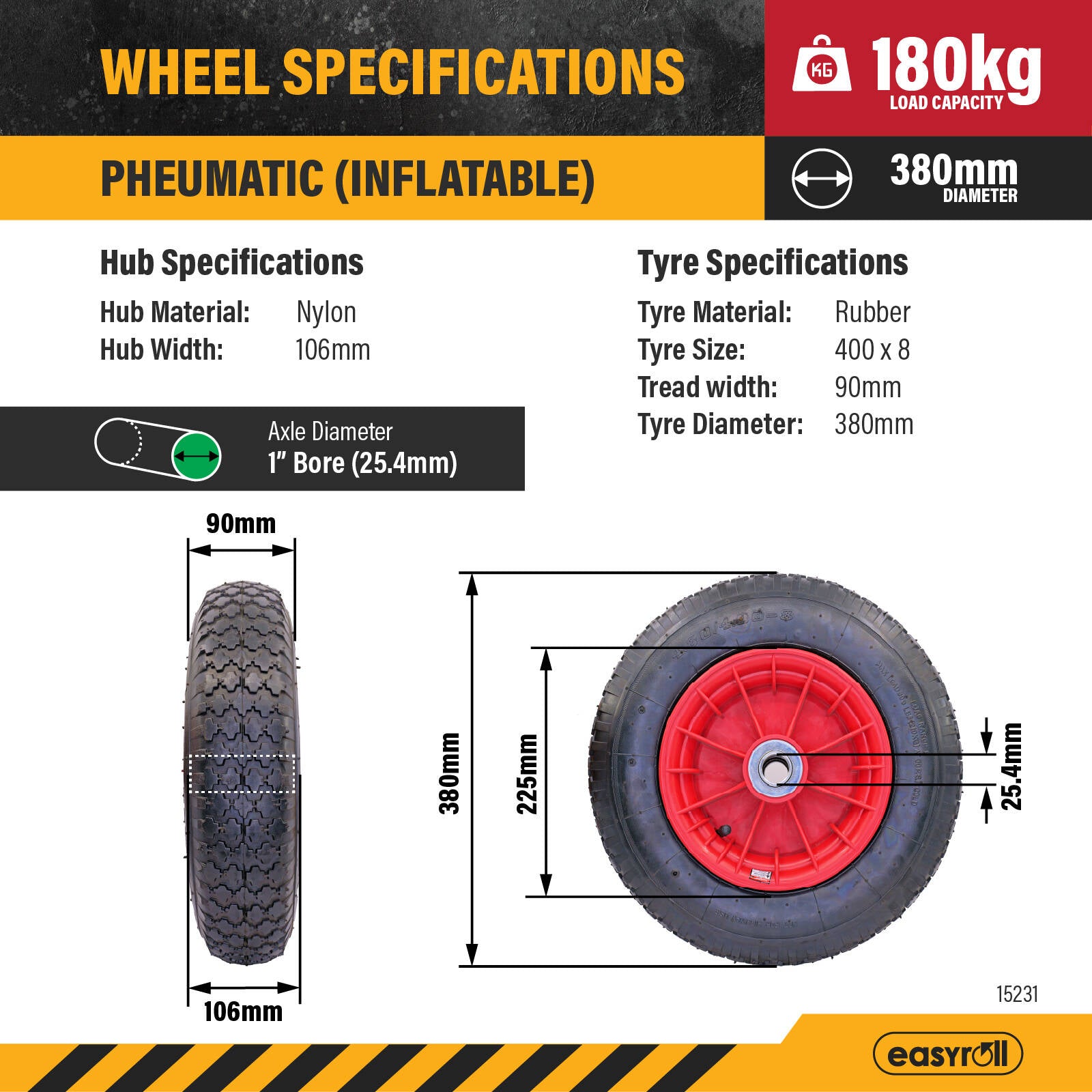 Easyroll 4.0 x 8 inch Wheelbarrow Wheel 1 inch Axle 180kg
