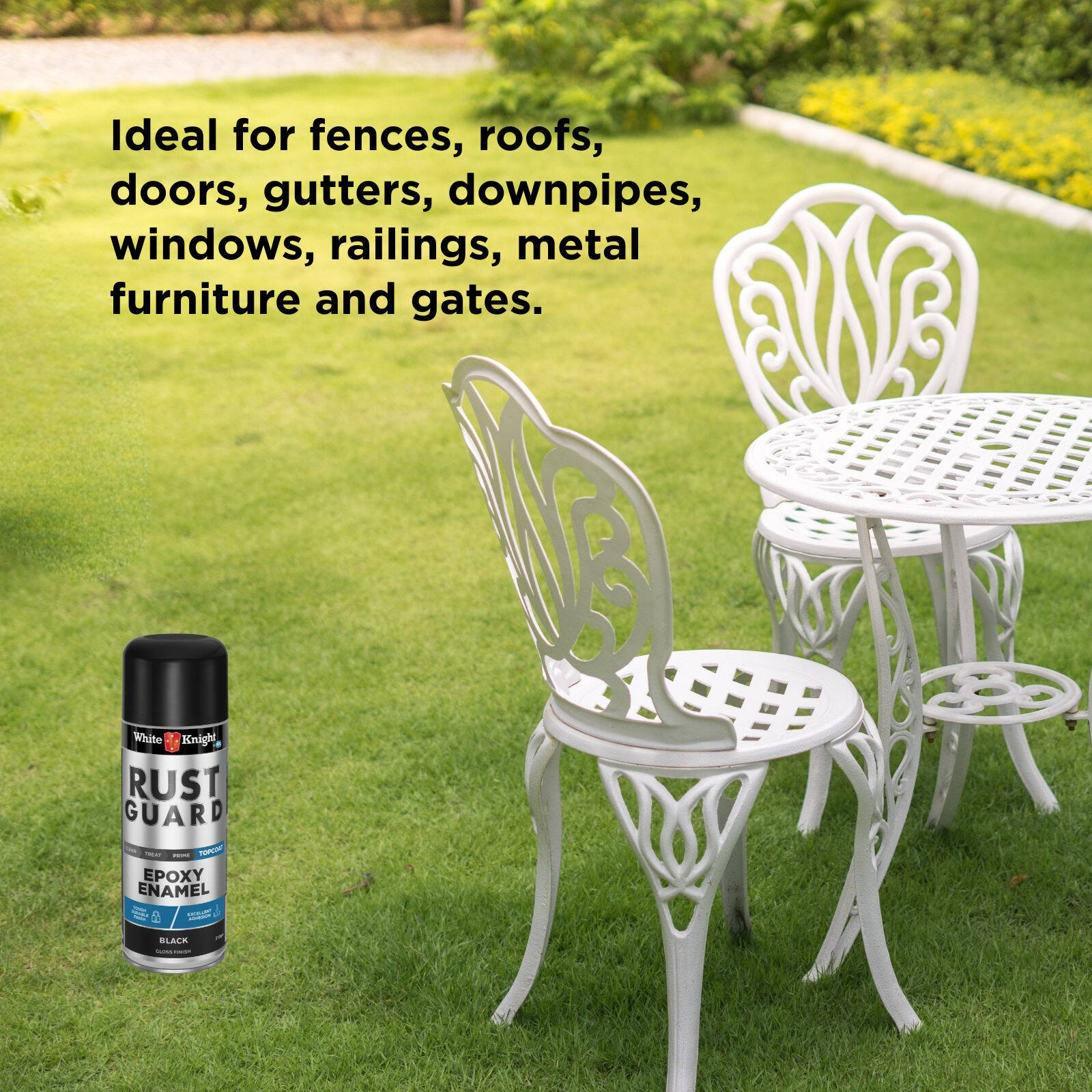 White Knight Rust Guard Epoxy Enamel Spray Paint 310g - Black Gloss, Solvent Based Metal Finish