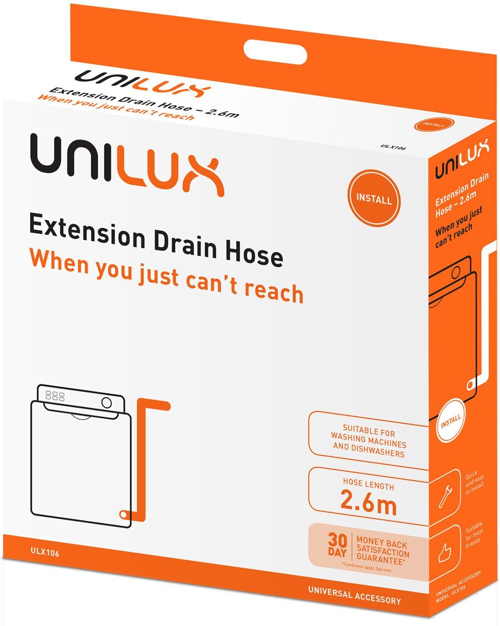 Unilux 2.6m extension drain hose with wall mount hook adaptor - dishwashers and washing machines - ULX106