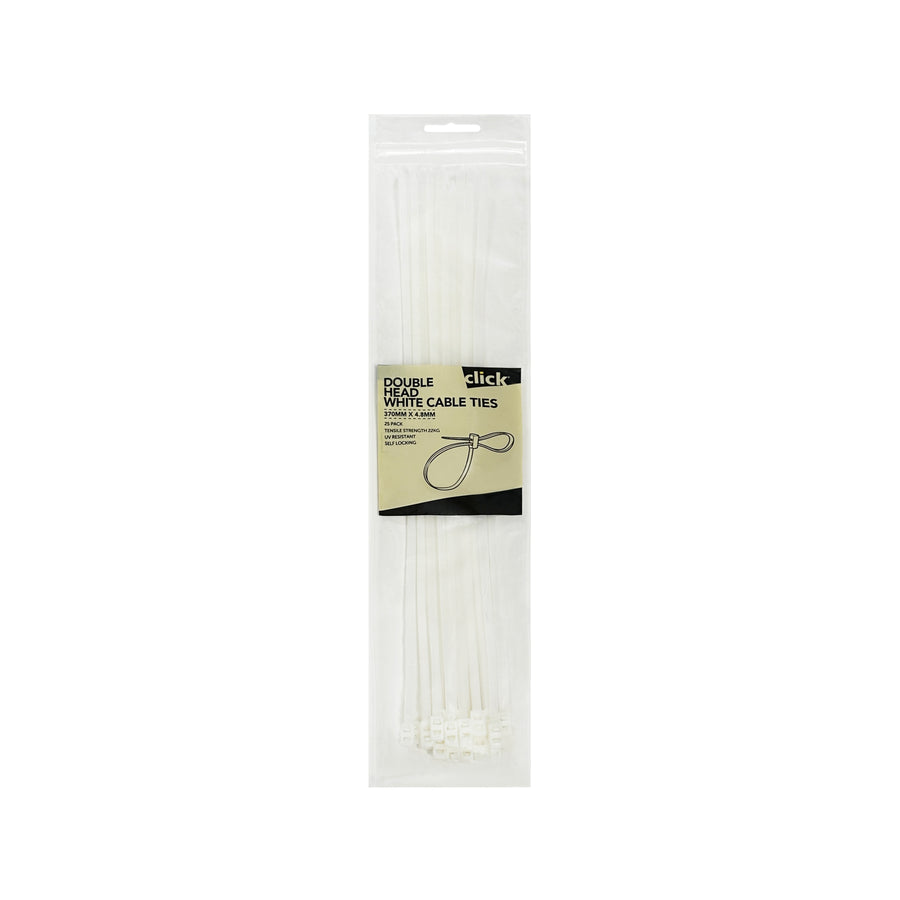 Click 370mm White Double Headed Cable Tie 25 Pack - UV Resistant Nylon Twin Loop