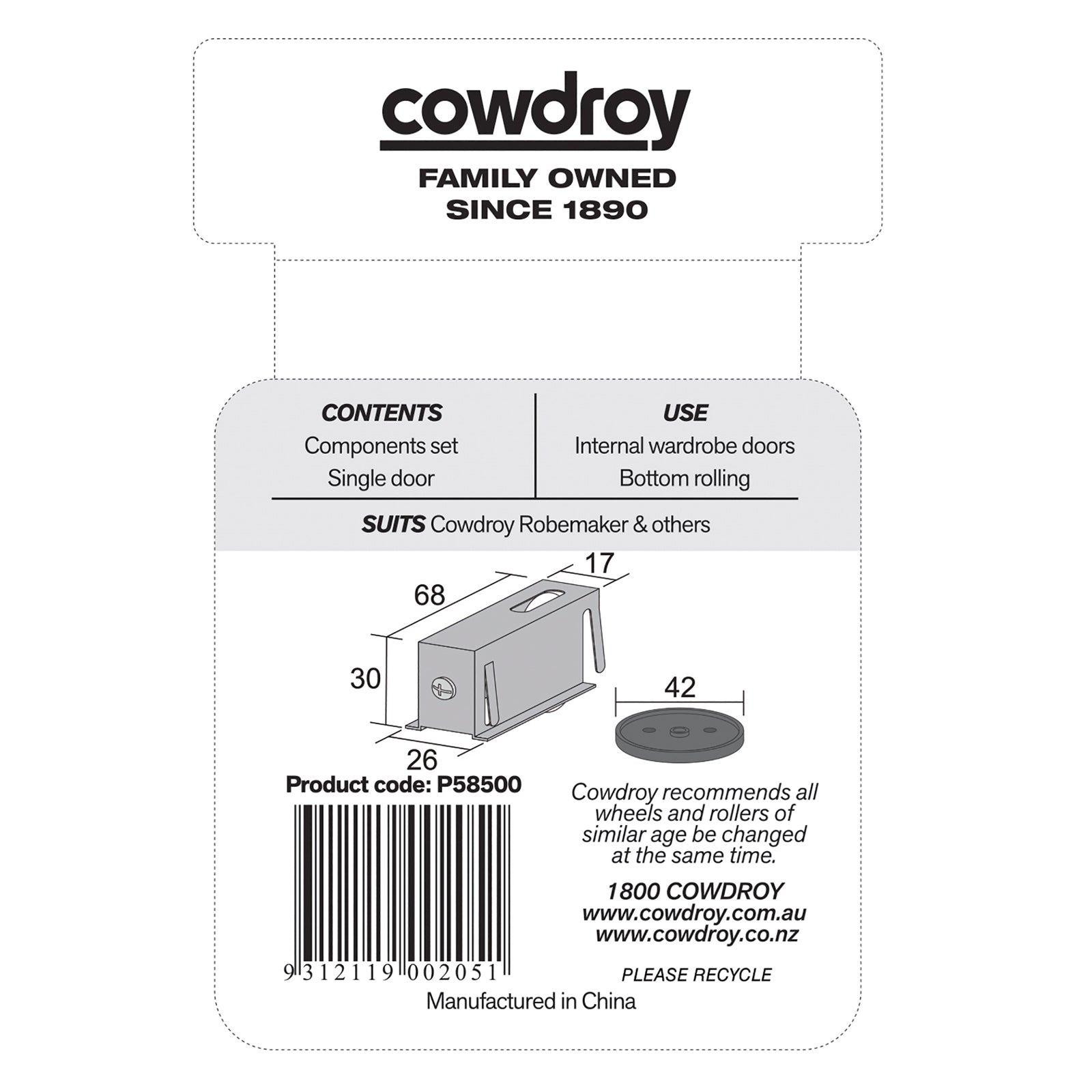 Cowdroy Galvanised Steel Track Access Robemaker Components Pack, Suits 40kg Doors, 2 Pack