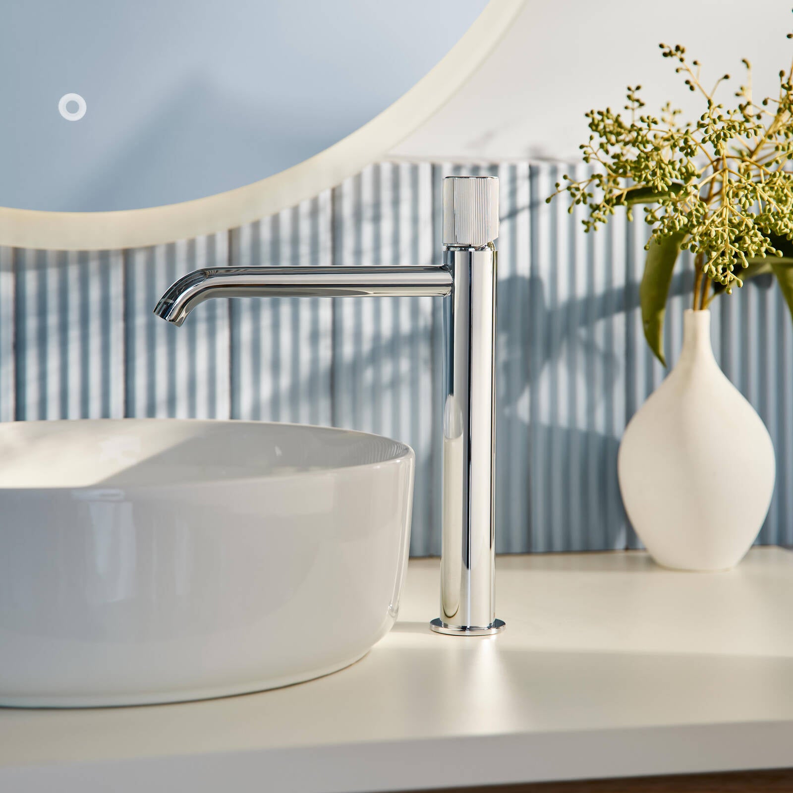 Mondella Resonance 25mm Chrome Textured Handle Curved Spout Vessel Basin Mixer, 304 Stainless Steel, 7.5L/min WELS 4 Star