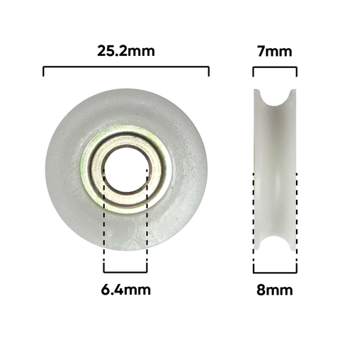Rolltrak 25mm White Acetal Concave Roller, Security Screen Door