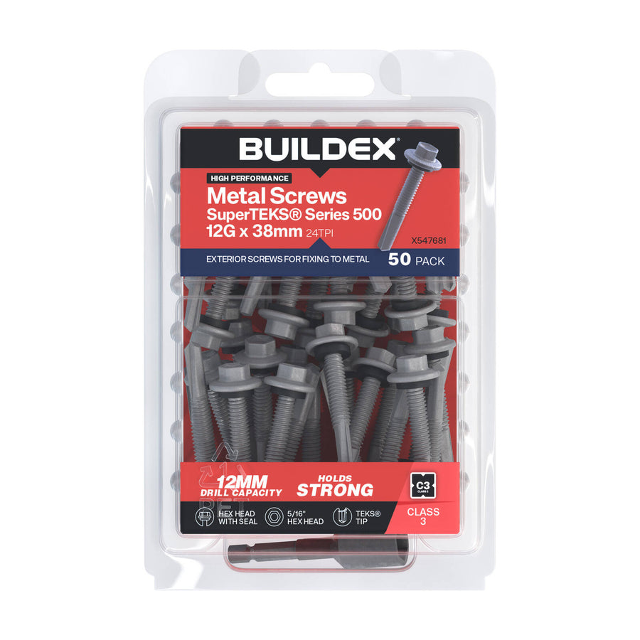 Buildex 12G x 38mm Class 3 Galvanised SuperTEKS Hex Head Self-Drilling Screws, 50 Pack