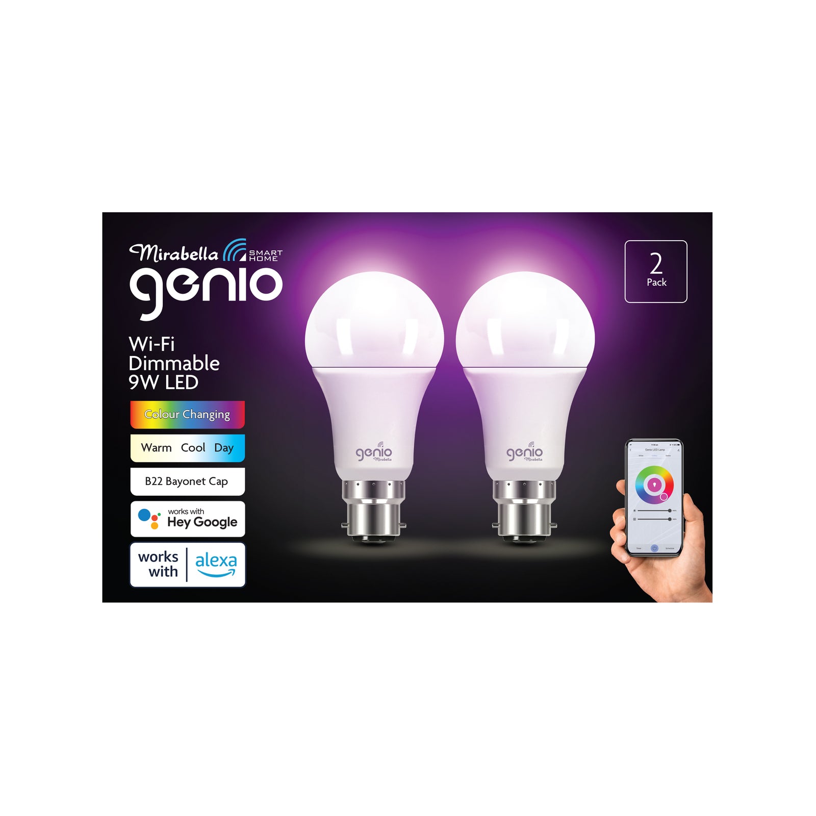 Mirabella Genio B22 800lm 9W RGB Wi-Fi Smart Globe - 2 Pack