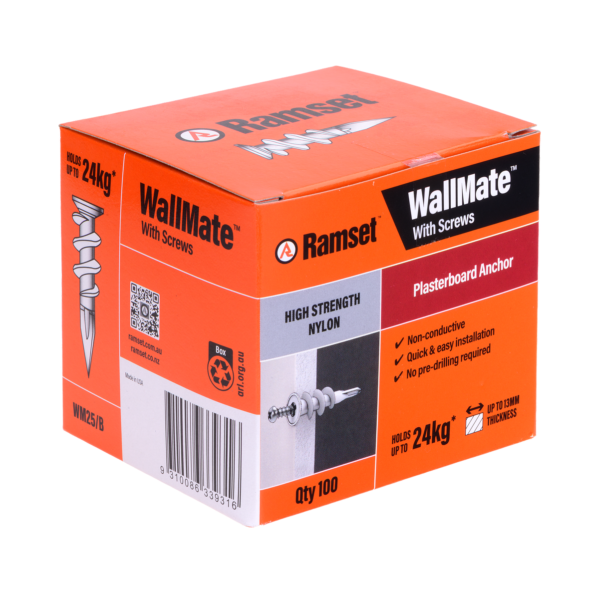 Ramset Nylon Wallmate Plasterboard Anchor with Screws 100 Pack - 75mm x 70mm x 40mm - Easy Installation, Non-Conductive - SuperSaverAU - view 2