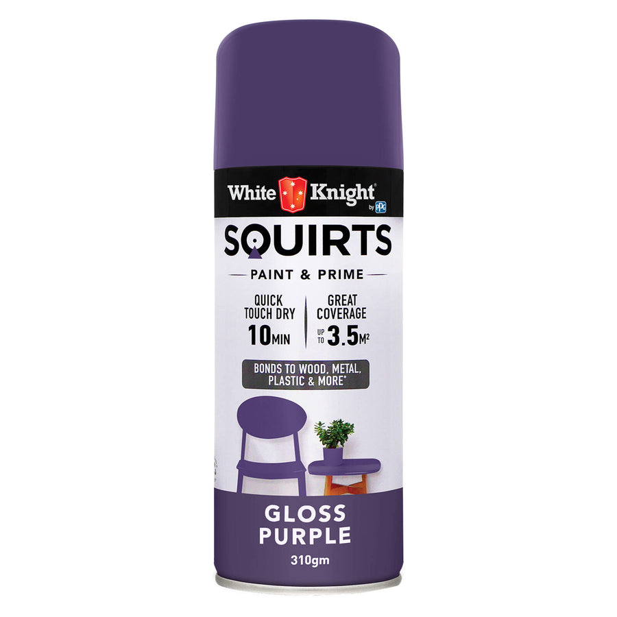 White Knight Squirts Purple Gloss Spray Paint 310g - Solvent-Based Paint & Primer, UV Resistant