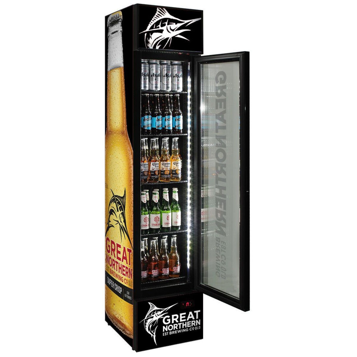 Schmick 160L Great Northern Crisp Branded Skinny Upright Bar Fridge - 9 Star - SS-P160-GNBC-CRISP