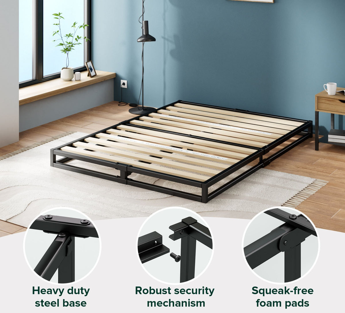 Zinus Joseph Single Metal Bed Frame - 153mm Low Profile, Flat Wooden Slats, Black Steel - AU-MBBF-6S