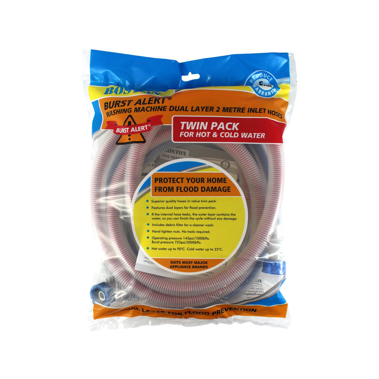Boston 2m Burst Alert Washing Machine & Dishwasher Inlet Hose Twin Pack