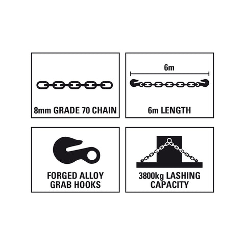 Gorilla 8mm x 6m Alloy Load Restraint Chain, 3800kg Lashing Capacity, Grab Hooks