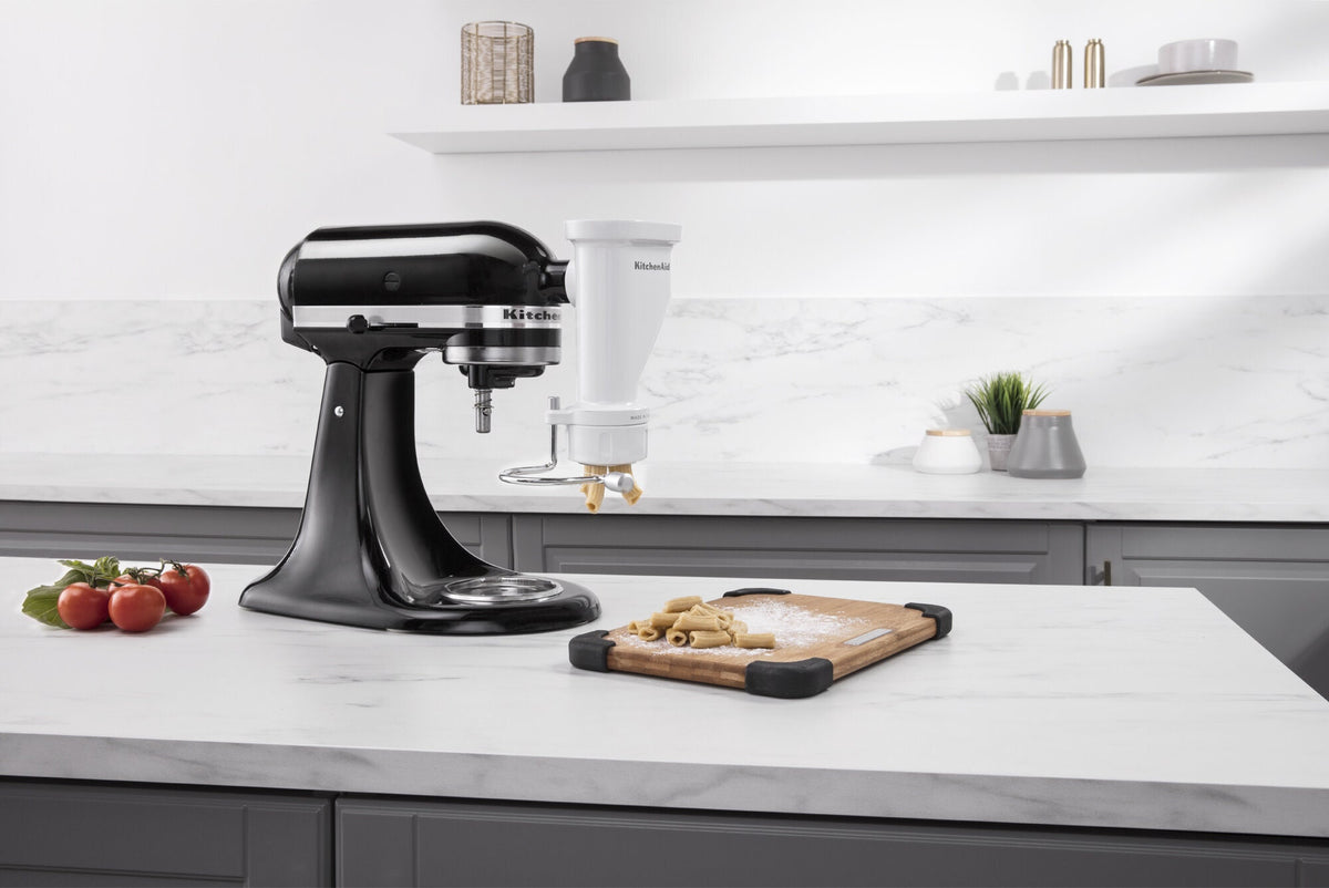 KitchenAid Gourmet pasta press attachment - six quick-change discs, built-in wire cutter, white - KSMPEXTA