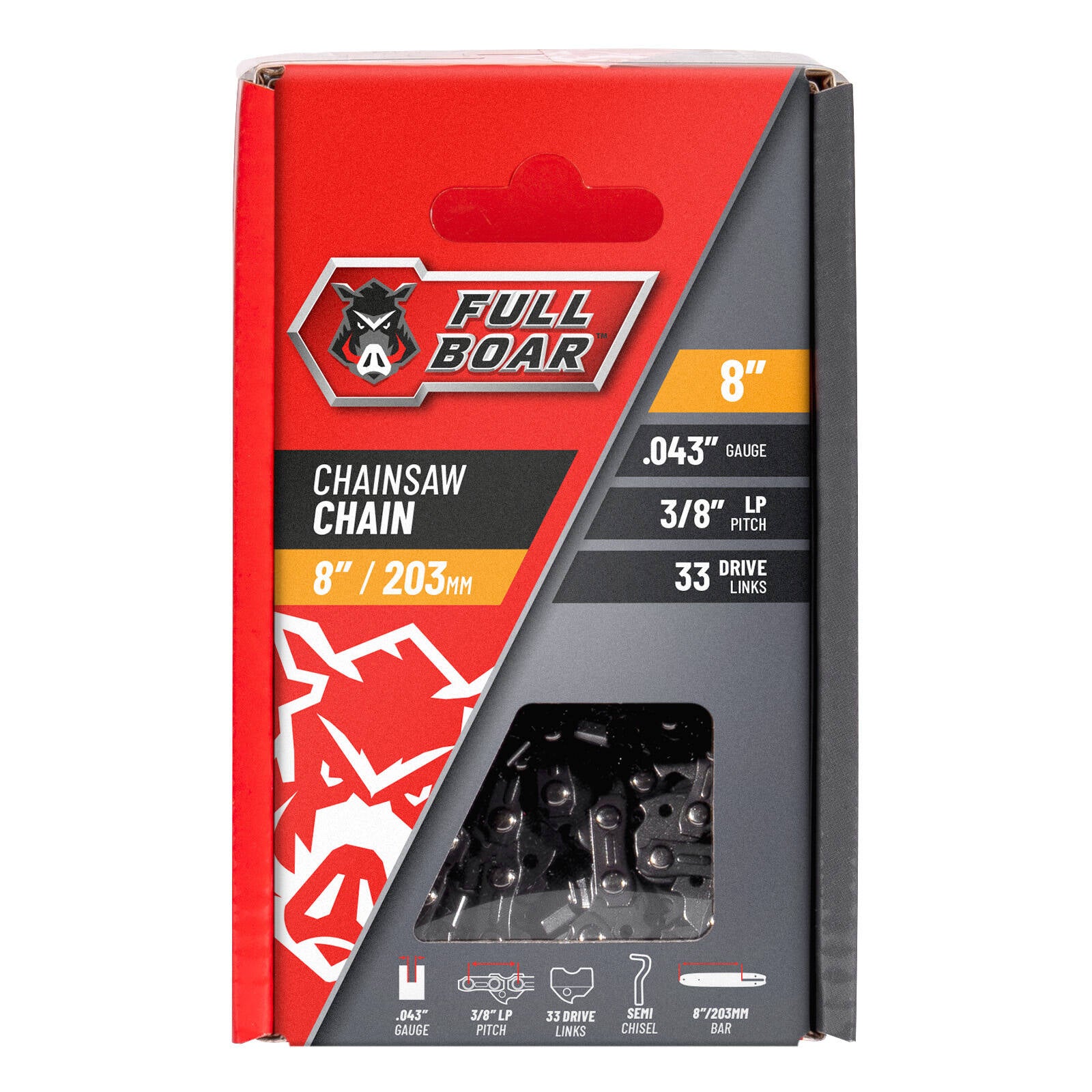 Full Boar 8" / 203mm Chainsaw Chain - 33 Drive Links, 9.53mm Pitch, 0.043 Gauge