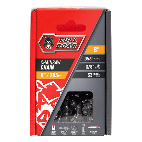 Full Boar 8" / 203mm Chainsaw Chain - 33 Drive Links, 9.53mm Pitch, 0.043 Gauge