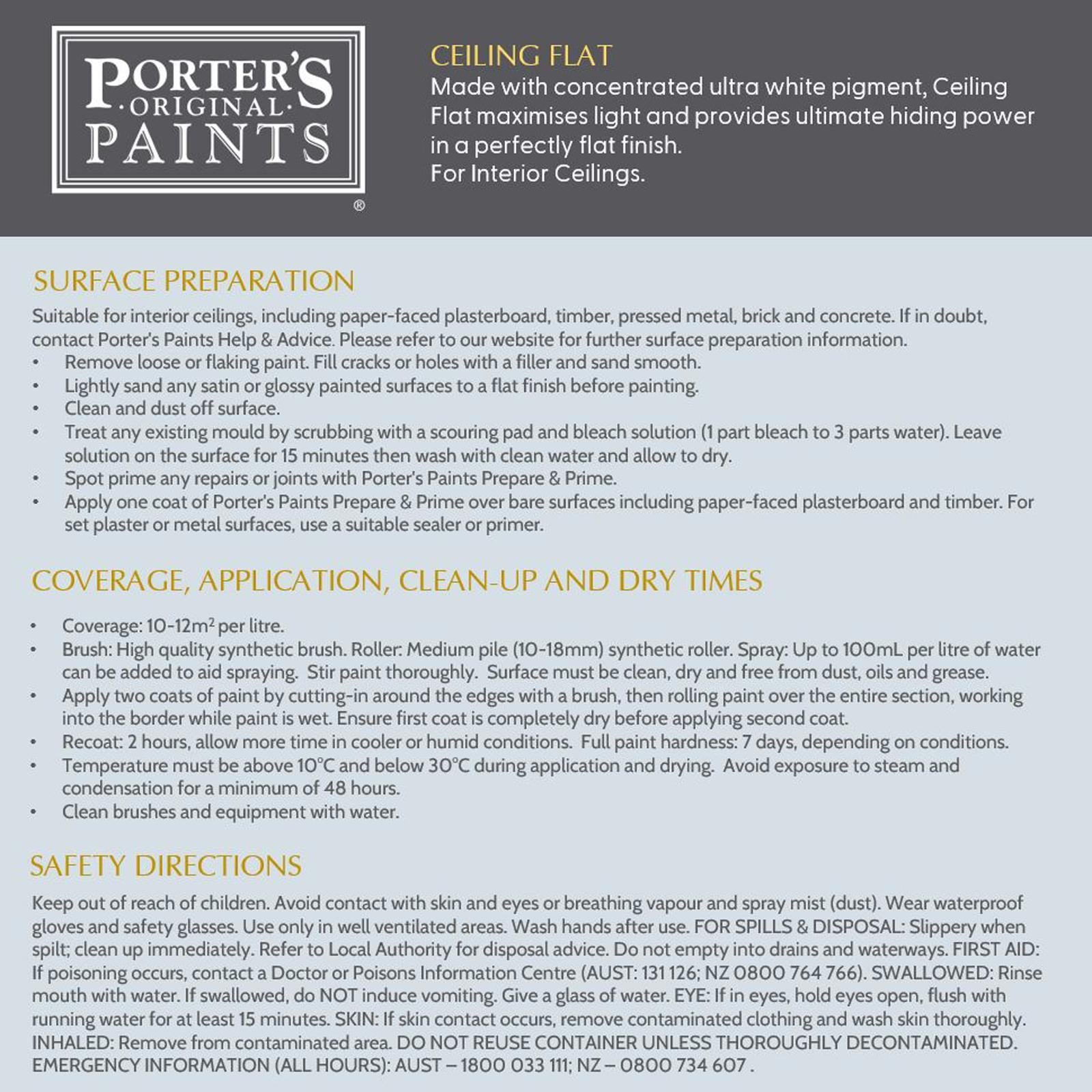 Porter's 4L White Super Flat Ceiling Paint Tintable Interior