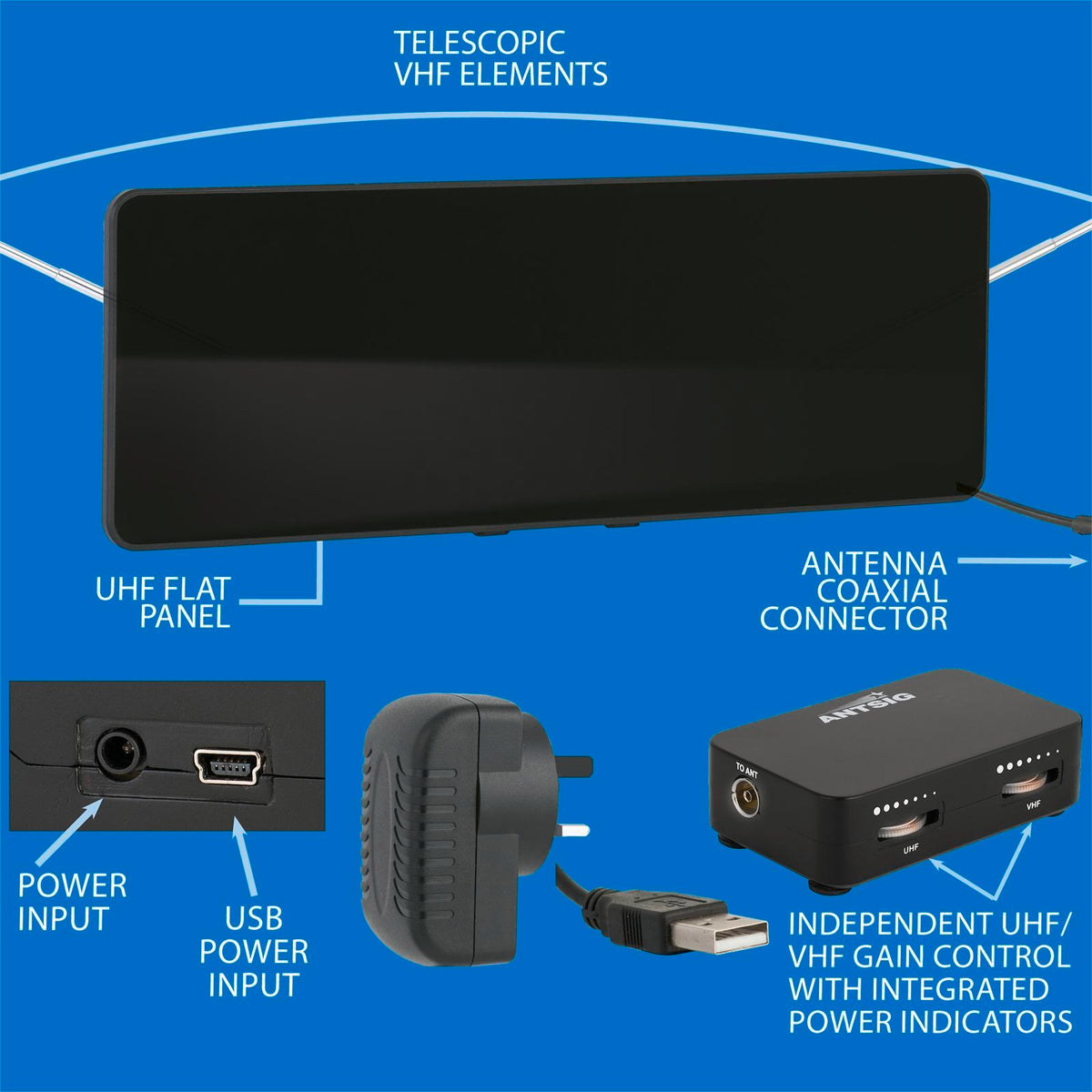 Antsig Flat Panel Indoor VHF/UHF Antenna with External Amplifier - 30dB Gain, Black Gloss AP546