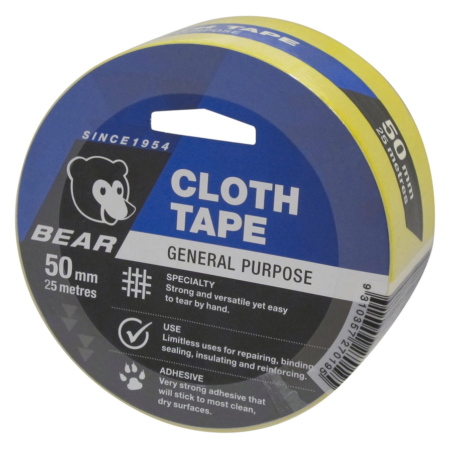 Norton Bear Yellow Cloth Tape 50mm x 25m Indoor Outdoor Hand-Tearable
