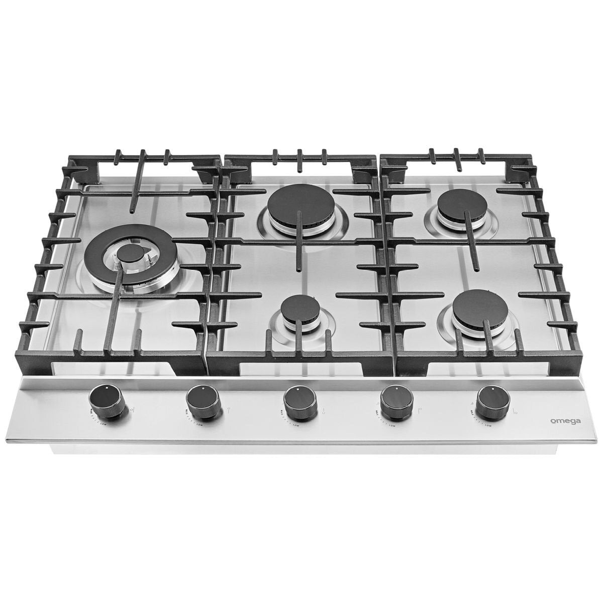 Omega 70cm Natural Gas Cooktop - Stainless Steel, Five Burners, 20MJ Triple Ring Wok Burner - OCG705WX