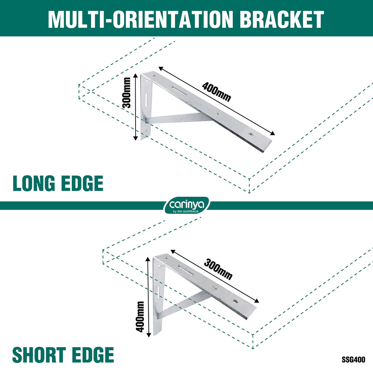 Carinya 400 x 300mm Galvanised Heavy Duty Straight Stay Bracket, 400kg Capacity, Multi-Orientation
