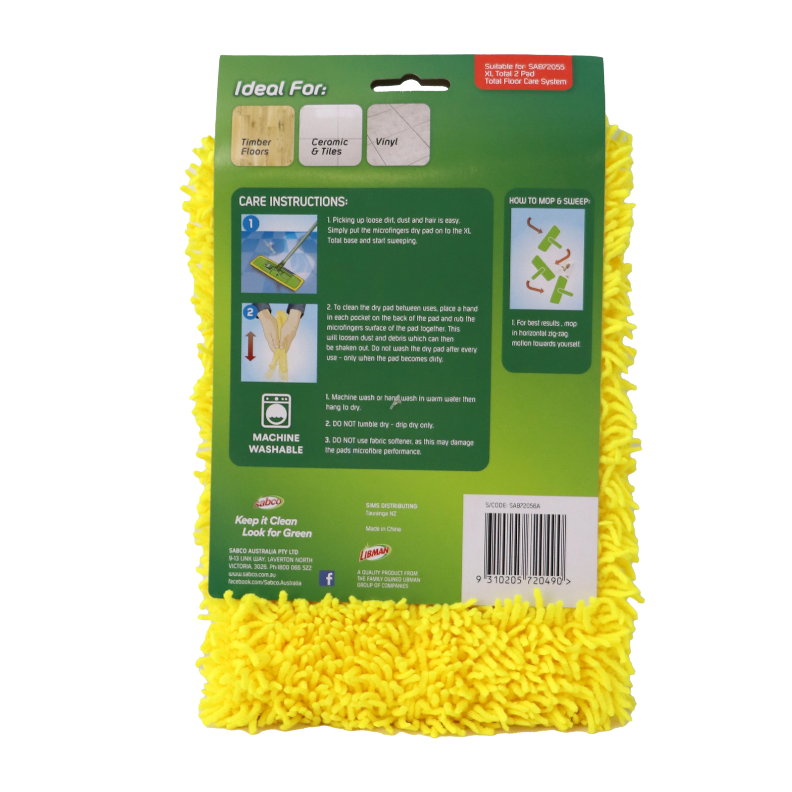 Sabco XL Total Microfibre Dry Mop Pad Refill 193mm, Yellow