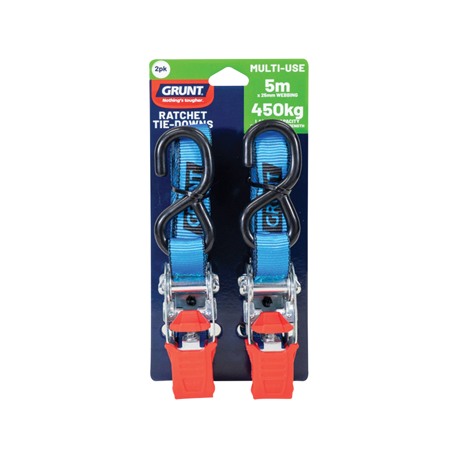 Grunt 25mm x 5m 450kg Ratchet Tie Down - 2 Pack