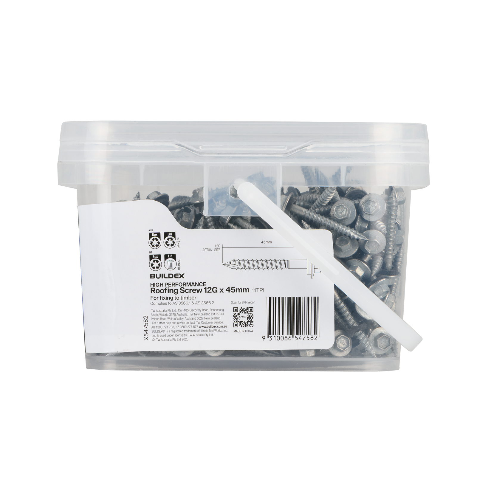 Buildex 12G x 45mm Class 3 Roofing Screws with Seal - 500 Pack