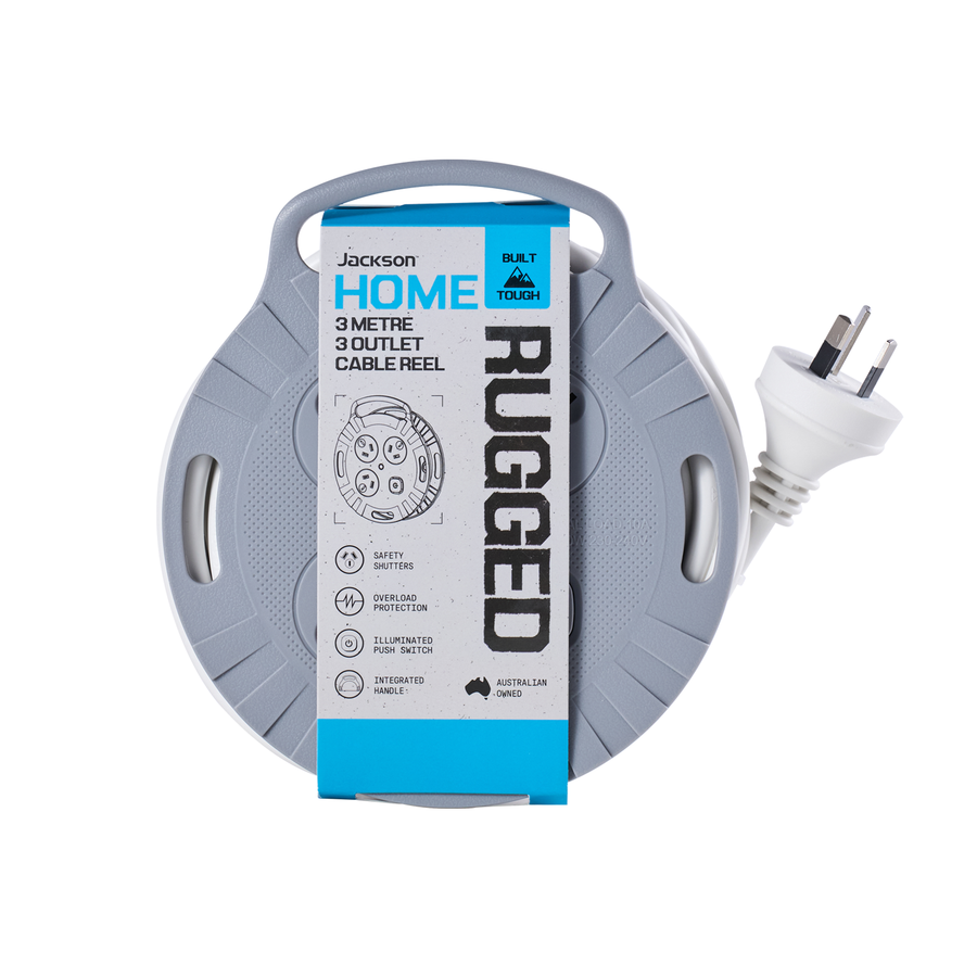 Jackson Rugged 3 Outlet 3m Extension Lead Reel, Indoor 240V 10A with On/Off Switch