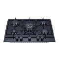Brohn 70cm Natural Gas Cooktop - Black Tempered Glass, Five Burners, Triple Crown Wok Burner - BRG7000BLK