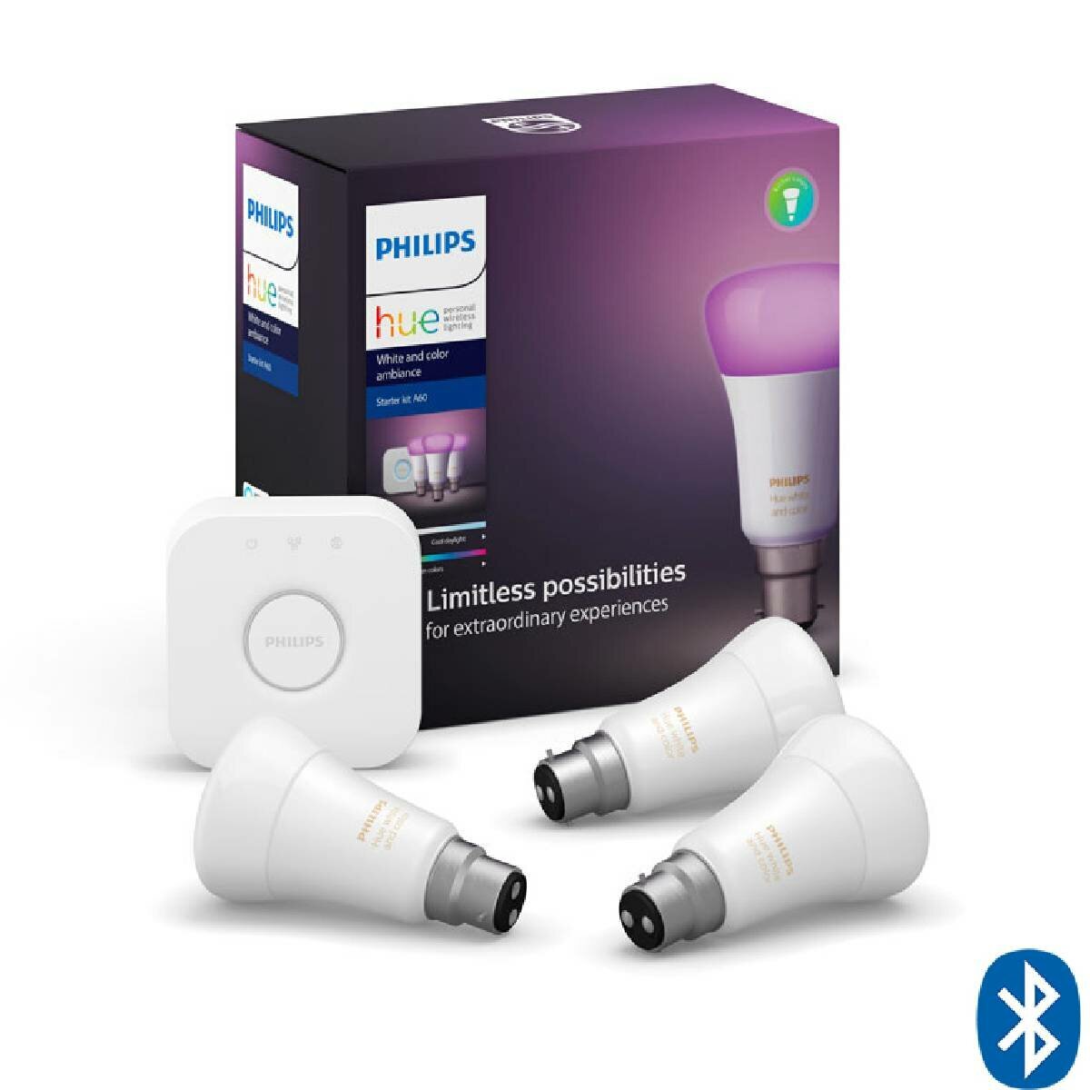 Philips Hue White and Colour Ambiance B22 Starter Kit - 3 A60 Bulbs, Bridge 2.0, Bluetooth - HUEWCAB22KITBT