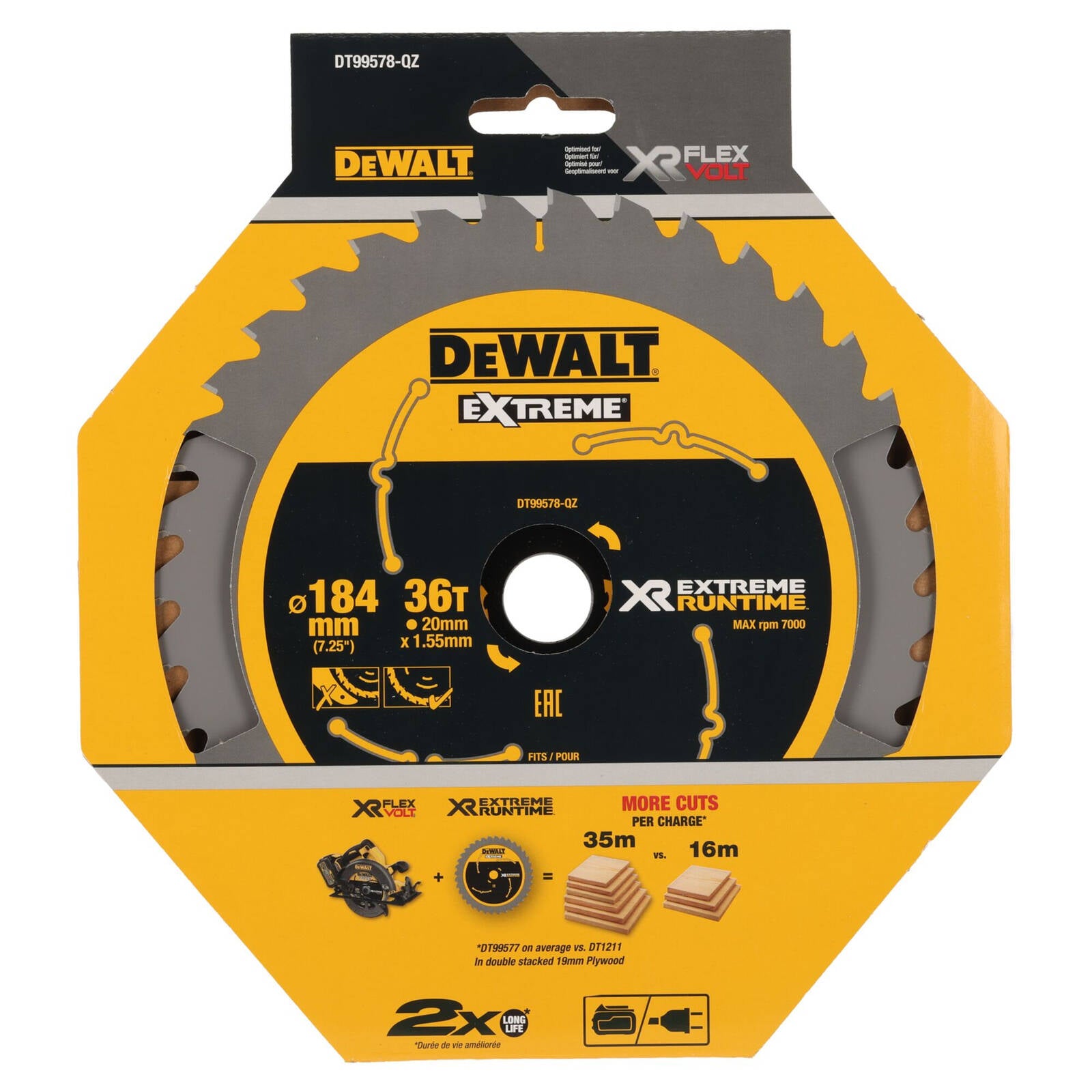 DeWALT 184mm 36T XR Circular Saw Blade for Timber DT99578-QZ