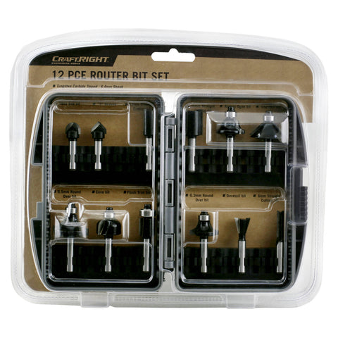 Craftright 12 Piece Router Bit Set Carbon Steel 1/4" Shank for Woodworking