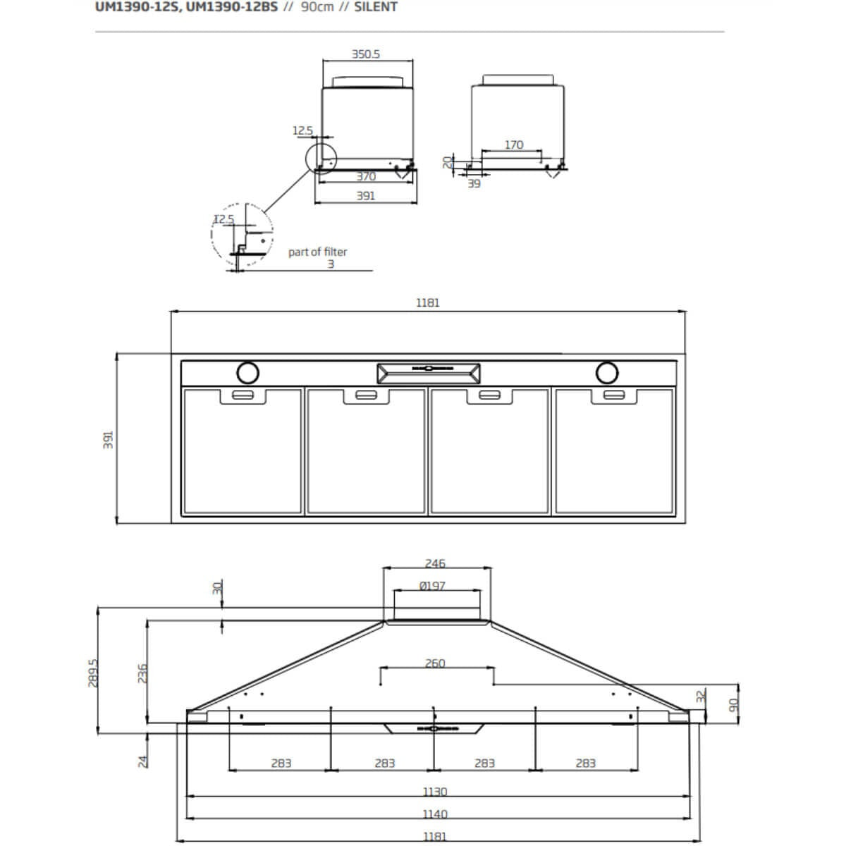 Schweigen 120cm Matte Black Undermount Rangehood - IsoDrive SE Motor, 3200m³/h - UM1390-12BSEPAK