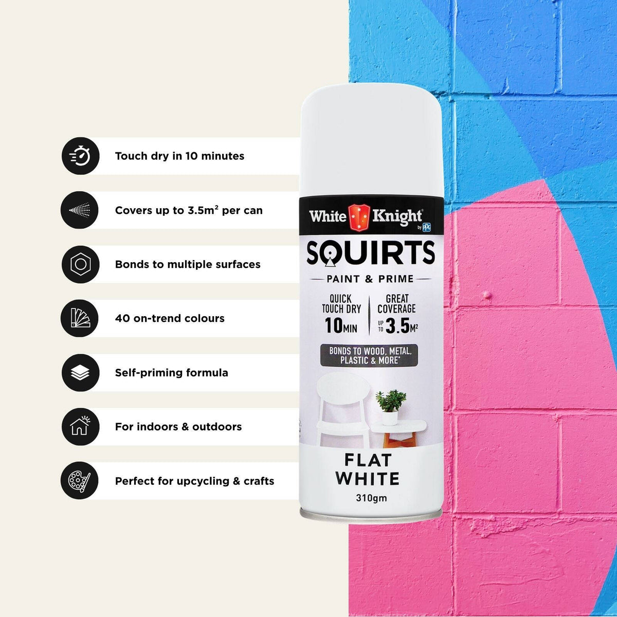 White Knight Squirts White Flat Spray Paint 310g - Solvent-Based Paint & Primer, Waterproof