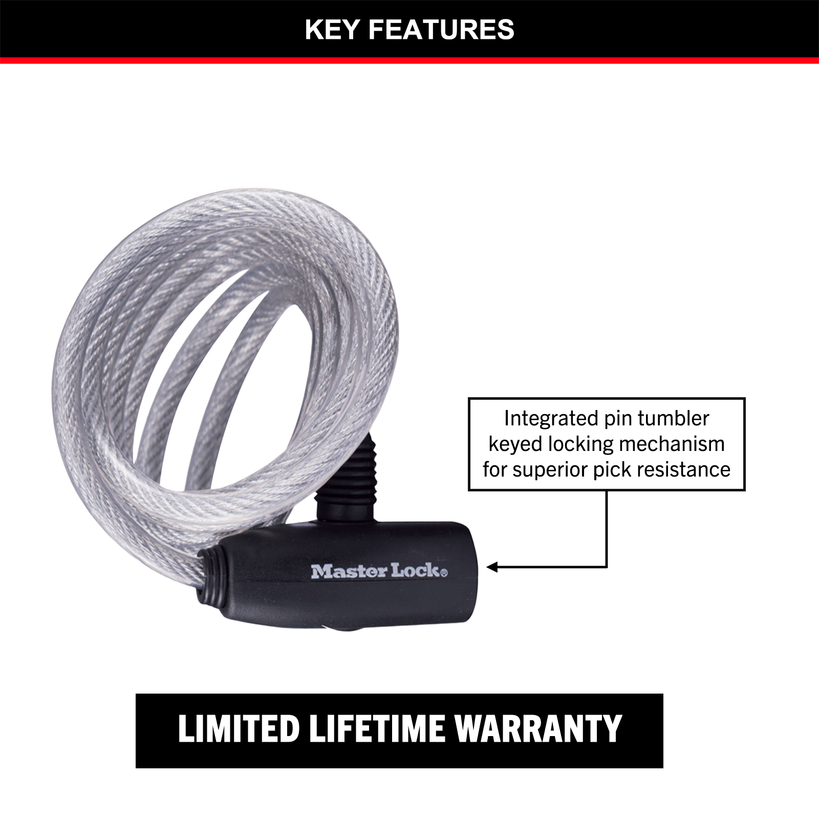 Master Lock 1.8m x 8mm Keyed Bike Lock, Braided Steel Cable, Vinyl Coated