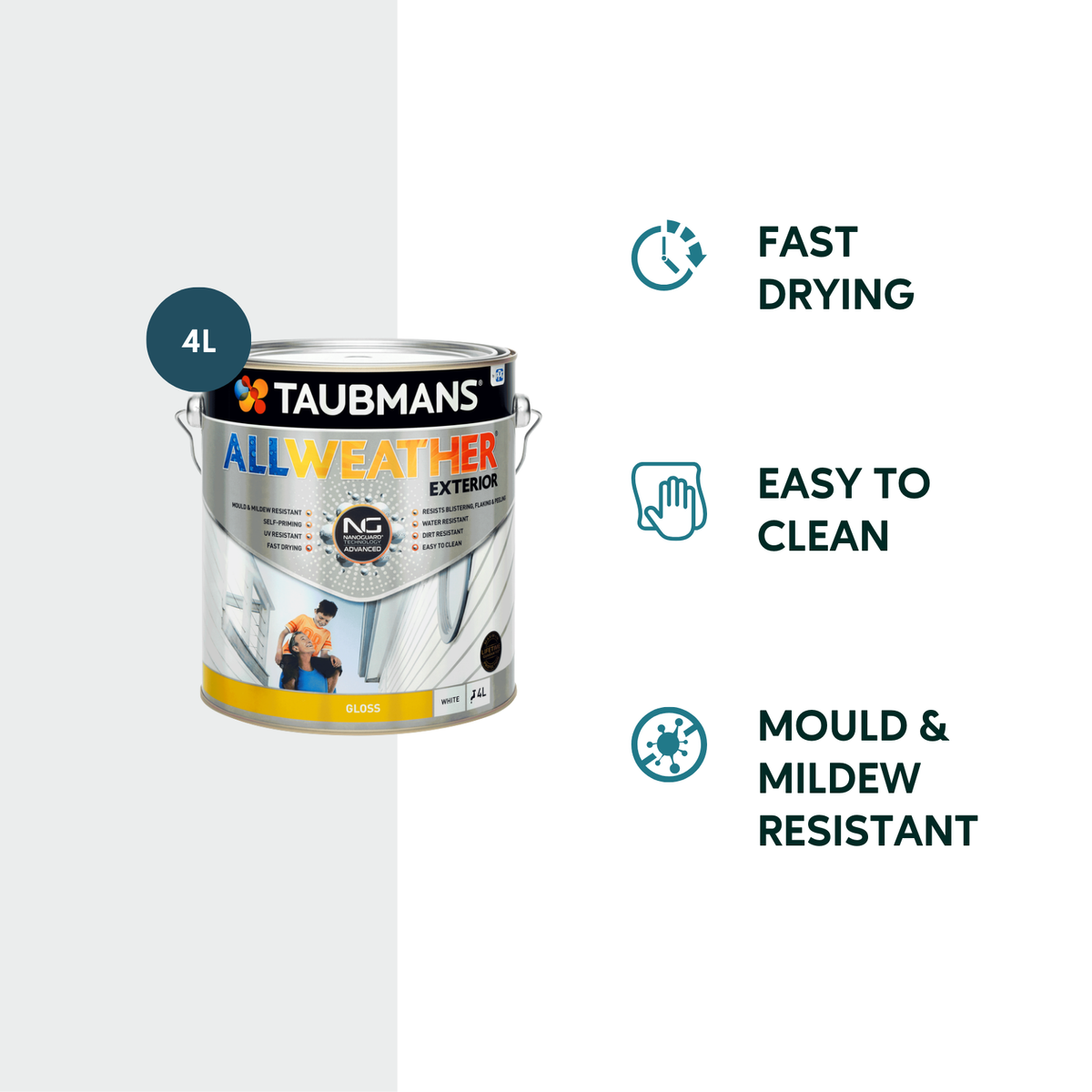 Taubmans 4L White Gloss All Weather Exterior Paint - Water Based - Mould Resistant - SuperSaverAU - view 2