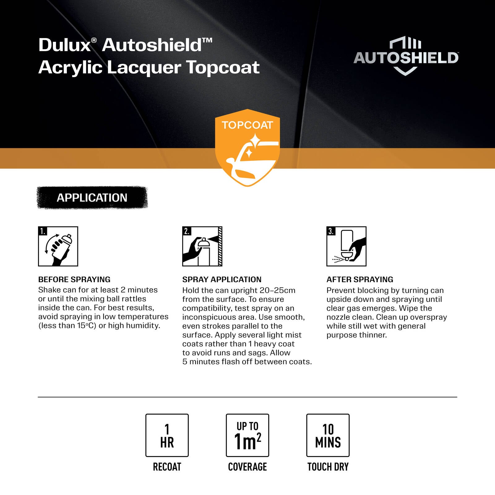 Dulux Autoshield Acrylic Lacquer Spray Paint Black Gloss 340g