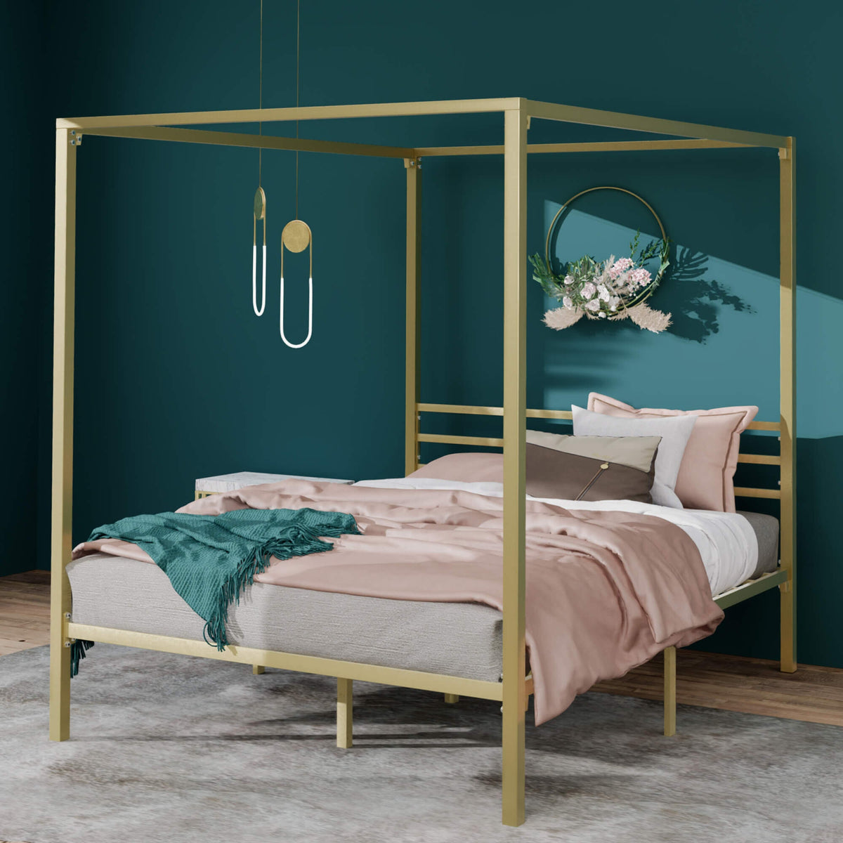 Zinus Double Metal Canopy Bed Frame - Gold Steel Frame, Slatted Support, 250kg Capacity - AU-CPBFG-D