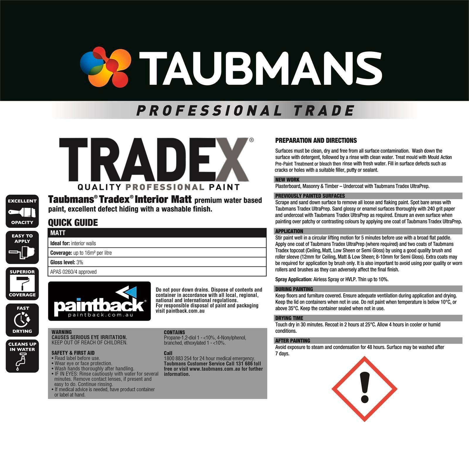 Taubmans Tradex Interior Wall Paint 4L White Matt Water Based