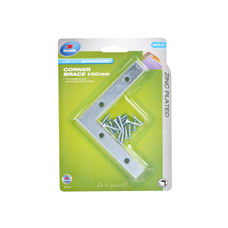 Zenith 100mm Zinc Plated Steel Corner Brace Bracket, 4 Pack with Screws for Timber Joints