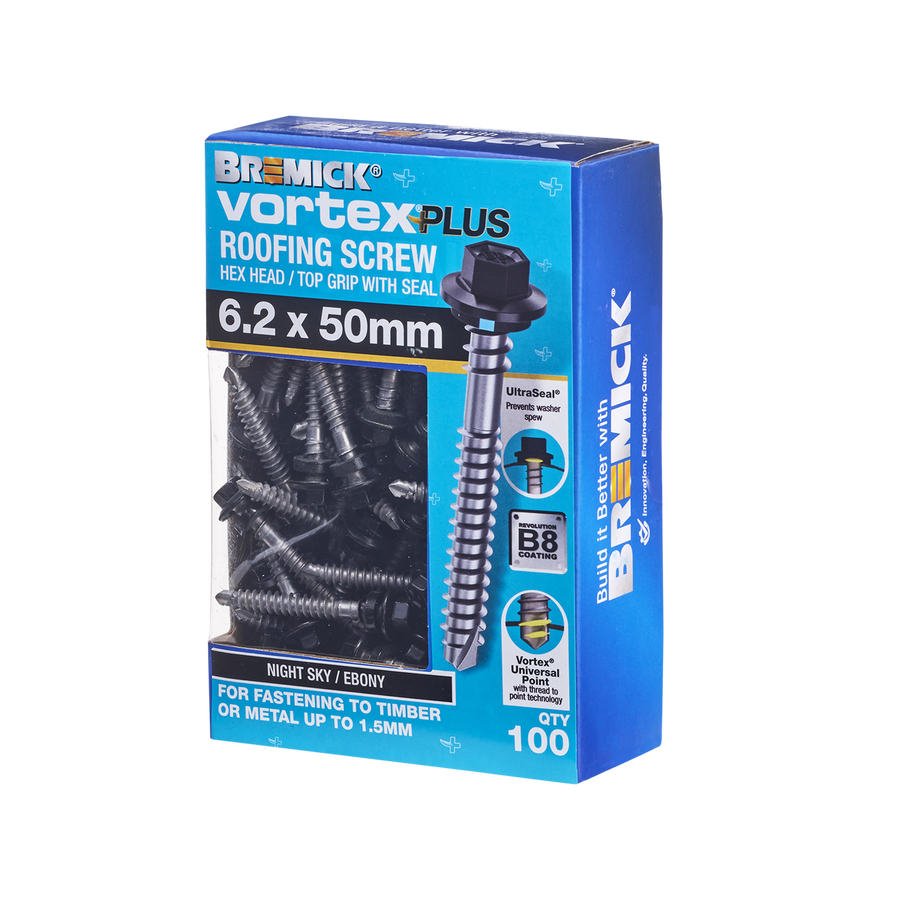 Bremick Vortex Plus Roofing Screw 6.2 x 50mm Hex - Box of 100 - Watertight - SuperSaverAU - view 1