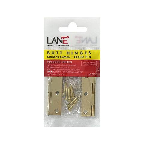 Lane 50 x 27 x 1.3mm Solid Brass Fixed Pin Butt Hinge, Indoor & Outdoor, 2 Pack