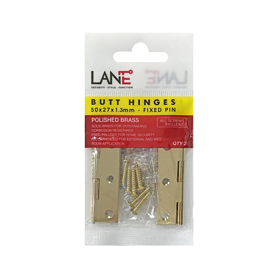 Lane 50 x 27 x 1.3mm Solid Brass Fixed Pin Butt Hinge, Indoor & Outdoor, 2 Pack