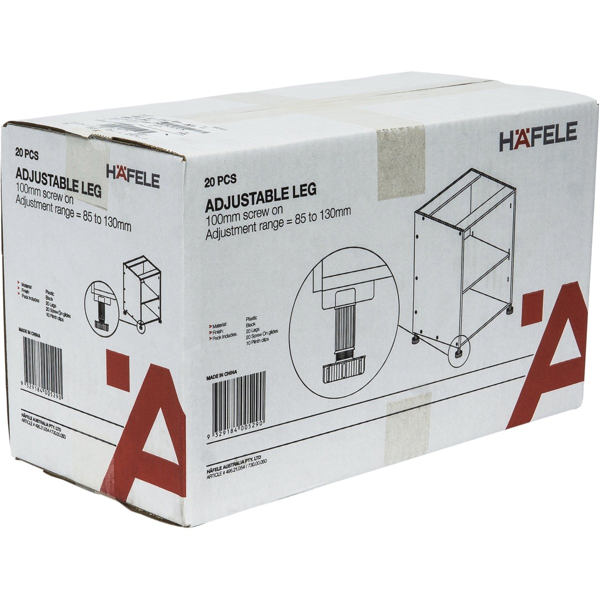 Hafele Adjustable Leg Set - 100mm - Plastic - Height Adjustable - 20 Pack
